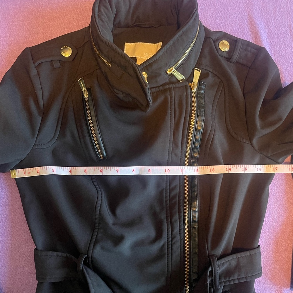 Michael Kors Belted Softshell Moto Coat Black XS Hidden Hood - Picture 13 of 16